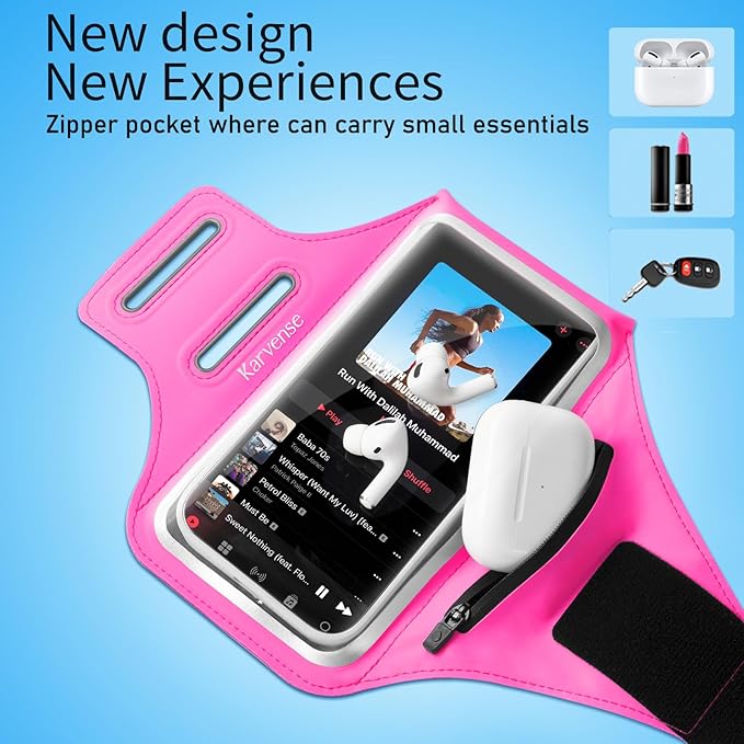 Running Phone Holder, Arm Band for Running for iPhone & Samsung Galaxy, Cell Phone Armband Holder for Walking, Gym, Workout, Men, Women, w/Adjustable Strap & Zipper Pocket (Pink-L)