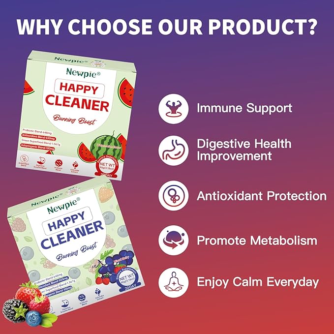 Newpie Superfoods Happy Cleaner Probiotic Powder,Watermelon&Mixed Berry Flavor Organic Prebiotic & Probiotic Fiber Powder,Sugar Free,Gut Health For Women Men (20+20 Packet, Watermelon&Mixed Berry)