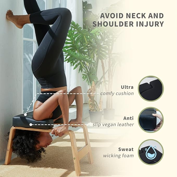 Yoga Headstand Bench- Stand Yoga Chair for Family, Gym - Wood and PU Pads - Relieve Fatigue and Build Up Body (Multi-Color)