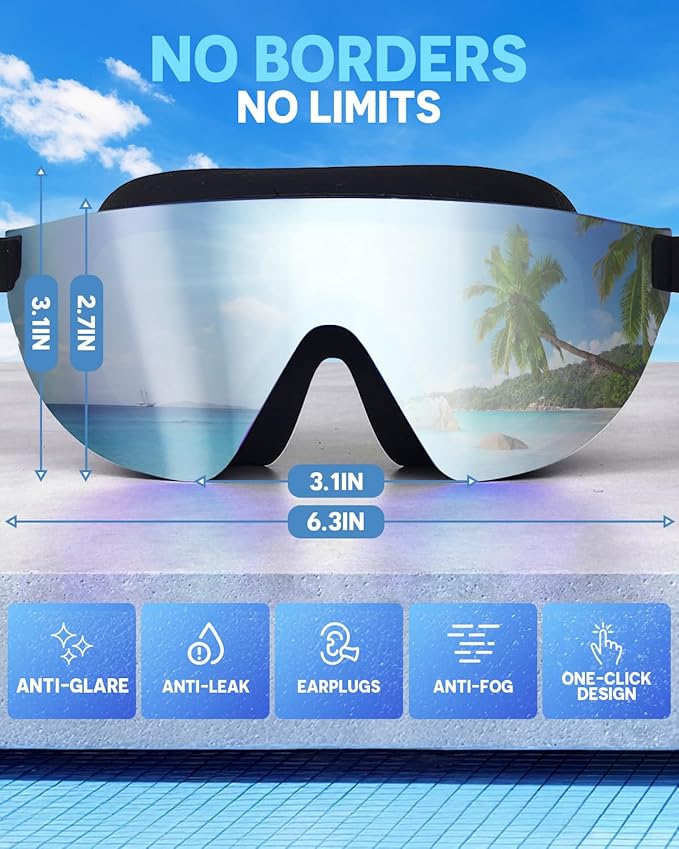 Swim Goggles, Frameless Wide View Swimming Goggles, Anti-Fog Anti-UV No Leaking Pool Goggles for Men Women Adult