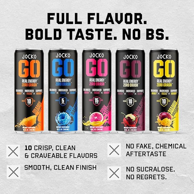 Jocko GO Energy Drink - Keto, Vitamin B12, Vitamin B6, Electrolytes, L Theanine, Magnesium- Energy Boost, Sugar Free Nootropic Monk Fruit Blend - 12 Pack (Nitro Pop)