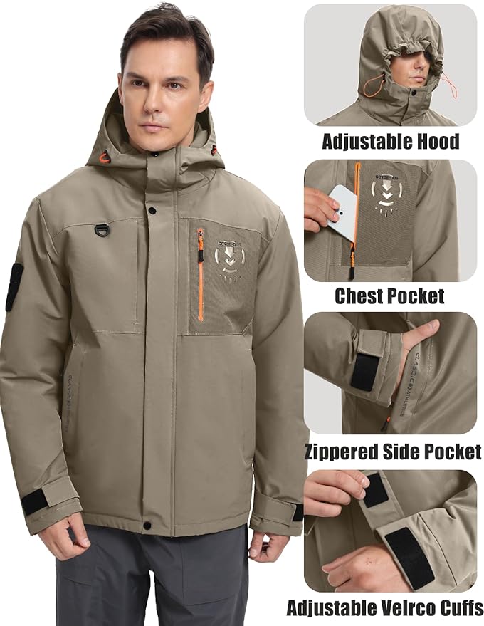 Men's Winter Jacket Waterproof Ski Snow Coat Windproof Snowboard Hooded Raincoats with Warm Graphene lining