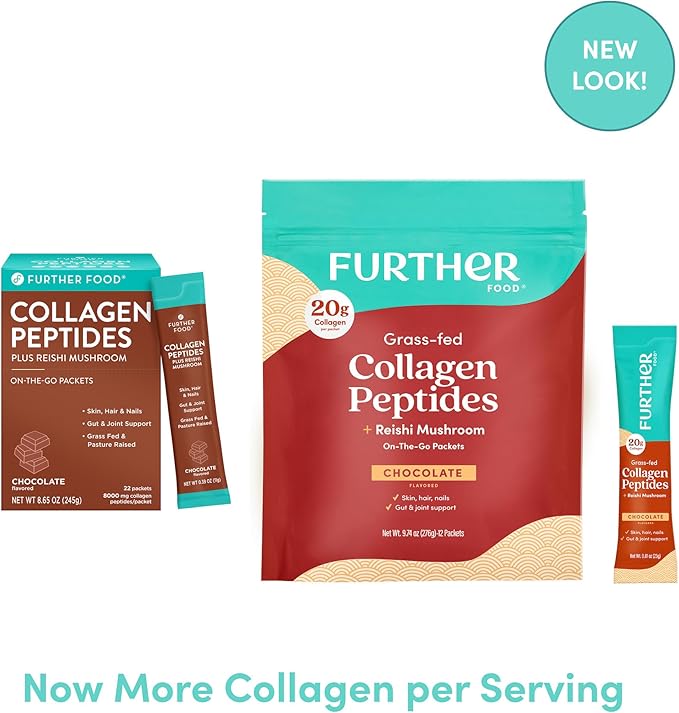 Further Food Chocolate Collagen Peptides Powder Stick Packs, Grass-Fed Pasture-Raised Hydrolyzed Type 1 & 3 Protein, Gut Health + Joint, Hair, Skin, Nails, Paleo Keto Sugar-Free 9.74 oz