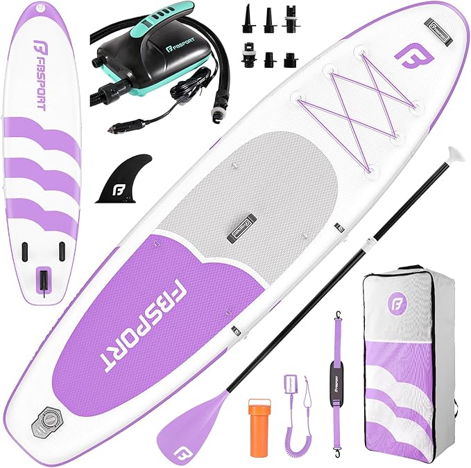 FBSPORT 11FT Premium Inflatable Stand Up Paddle Board with Electric Pump, Yoga Board with SUP Accessories & Carry Bag | Wide Stance, Surf Control, Non-Slip Deck, Leash and Paddle for Youth & Adult