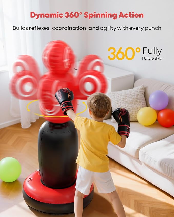 QPAU 360° Rotatable Kids Punching Bag - 64" Boxing Bag with 4 Targets & Kids Boxing Gloves, Inflatable Punching Bags with Hand Pump, Karate Taekwondo Training Gift Boys Girls
