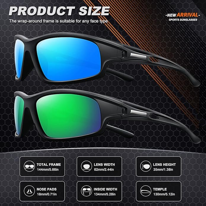 Polarized Sports Sunglasses for Men 100% UV Protection Wrap Around Unbreakable Sun Glasses for Fishing Driving