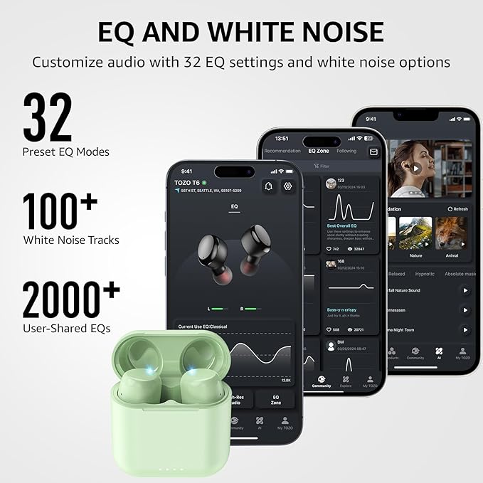 TOZO T6 Wireless Earbuds, IPX8 Waterproof Ear Buds, Stereo Bass Sound Bluetooth 5.3 Headphones in Ear, 50 Hours Playtime Earphones, Wireless Charging Case, Custom 32 EQ via APP