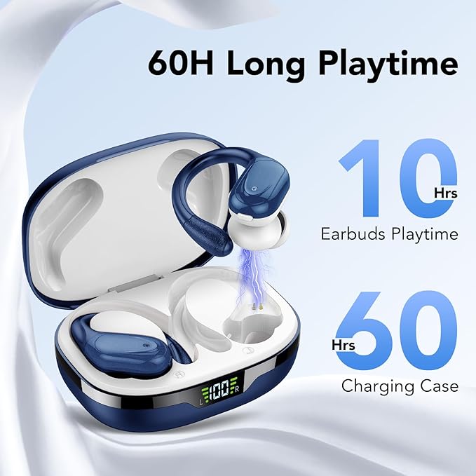 Ear buds Wireless Earbuds Bluetooth 5.3 Headphones 60hrs Playtime with Digital Display Sports Wireless Headphones with Earhook Deep Bass IPX7 Waterproof Over-Ear Earbuds for Android iOS Workout Blue