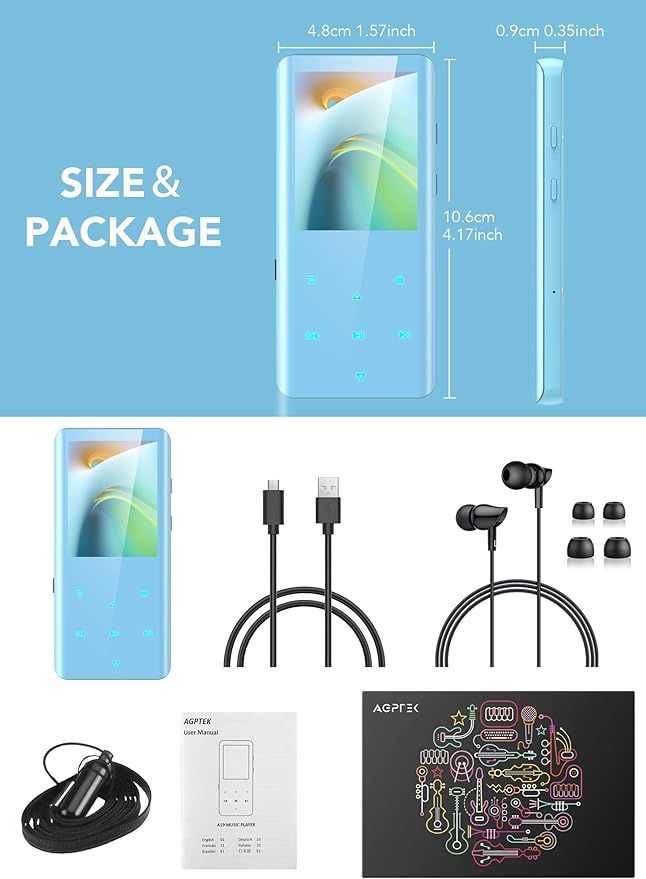 MP3 Player with Bluetooth 5.3, AGPTEK A19X 2.4" Curved Screen Portable Music Player with Speaker Lossless Sound with FM Radio, Voice Recorder, Built in 32GB, Supports up to 128GB, Blue