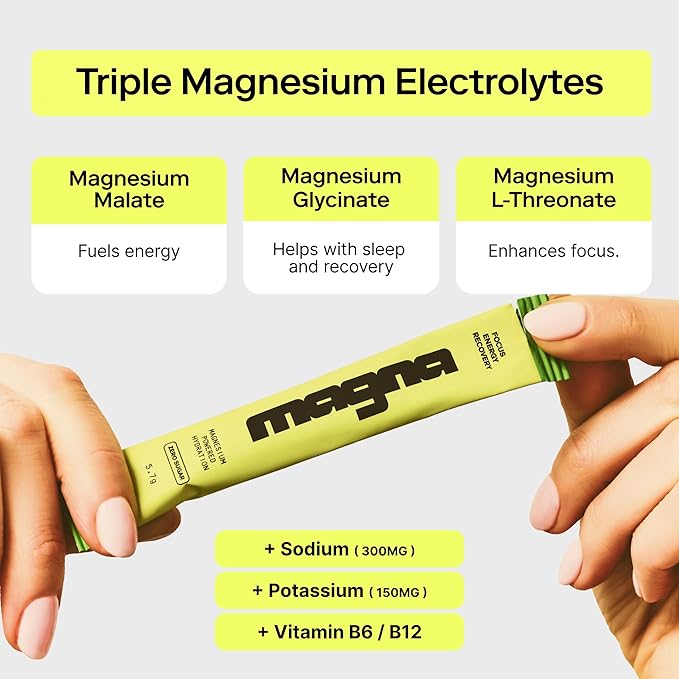 Magna Electrolyte Powder Drink Mix for Hydration, Energy & Focus Support with Magnesium L Threonate, Malate & Glycinate, Sodium, Potassium, Vitamin D, B6 & B12, Unflavored, 28 Servings