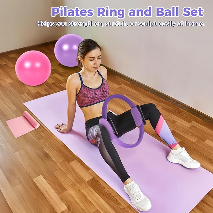 Pilates Ring and Ball Set, Includes 2 Pilates Circles, 2 Balance Balls with Pump, 3 Resistance Bands, and 1 Exercise Band, Home Pilates Equipment for Women, Versatile Fitness Kit