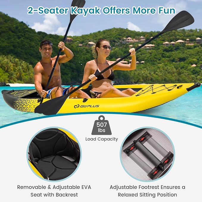 Goplus Inflatable Kayak, 2-Person Kayak Set for Adults with 507 LBS Weight Capacity, 2 Aluminium Oars, EVA Padded Seat, 2 Fins, Hand Pump, Carry Bag, Repair Kit, Portable Touring Kayaks