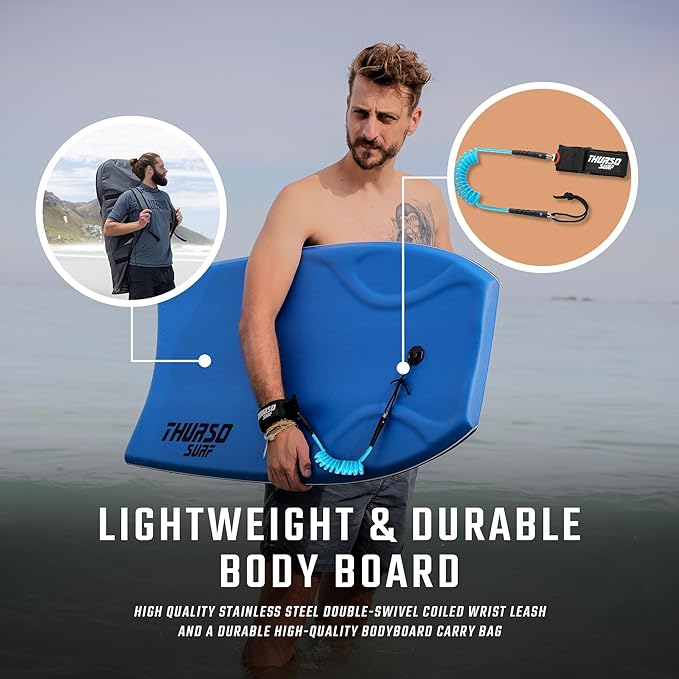THURSO SURF 42'' Body Boards for Beach Pool Lightweight PE Core IXPE Deck HDPE Bottom FRP Stringers High Performance Body Board with Double Swivel Surf Leash and Bodyboard Bag Lightning