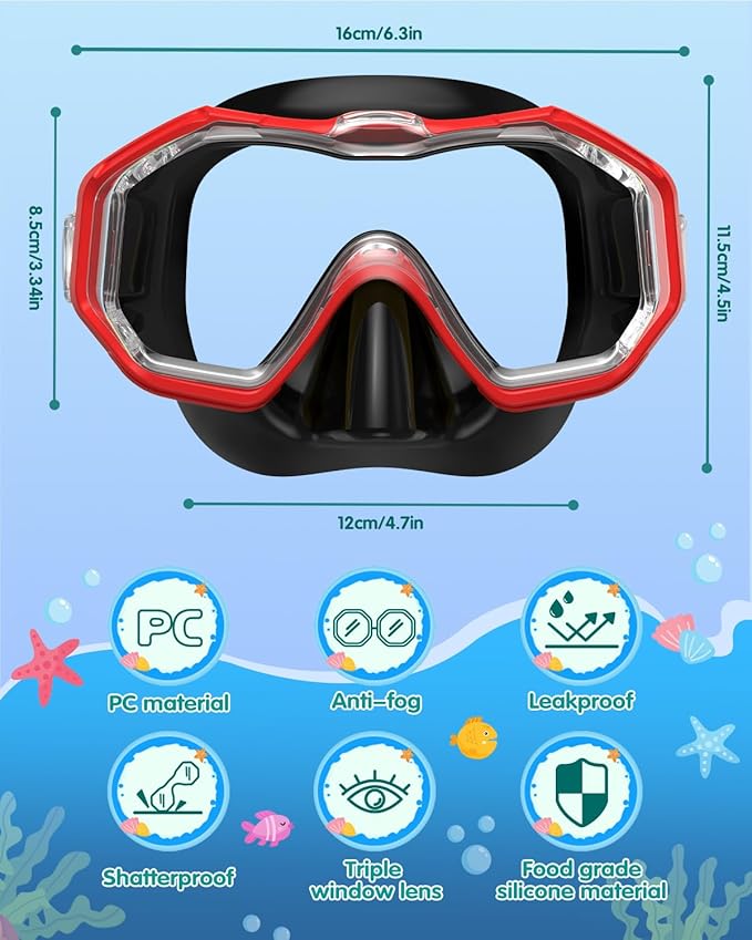 W WSTOO Kids Swim Goggles with Nose Cover,Snorkel Diving Swimming Mask for Youth 5-15,HD 3-Window Wide Vision Anti-Shattered Lens Anti-Fog&Leak