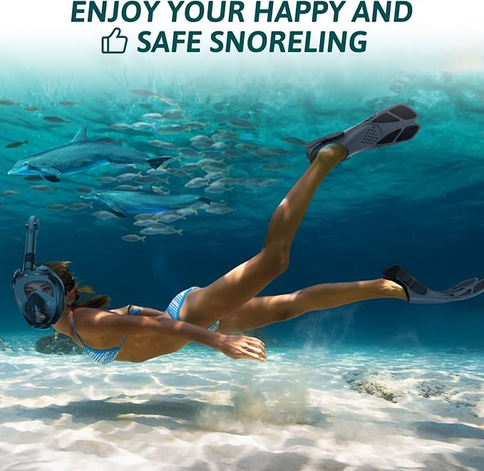 Mask Fins Snorkeling Gear for Adults, Full Face Snorkel Mask & Adjustable Swim Fins Snorkel Set, Panoramic View Snorkel Mask Dry Top Anti-Fog Anti-Leak