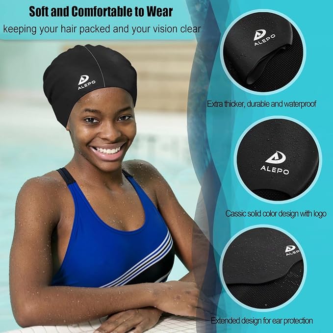 Alepo Extra Large Swim Cap for Women Men, Durable Silicone Swimming Hat with Ear Protection, Unisex Adults Bath Swimming Caps for Long Thick Curly Hair & Dreadlocks Braids Weaves Afro Hair