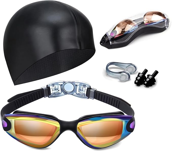 Swim Goggles Swimming Goggles No Leaking with Nose Clip, Earplugs, Swim Cap and Case for Men Women