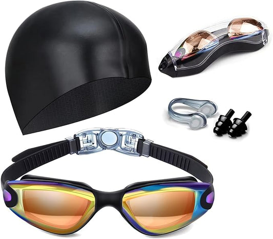 Swim Goggles Swimming Goggles No Leaking with Nose Clip, Earplugs, Swim Cap and Case for Men Women