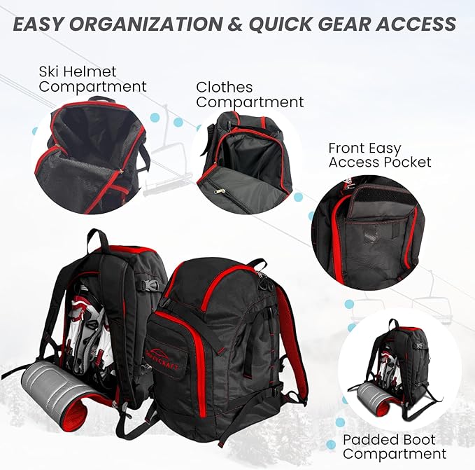 Savvycraft Ski Boot Bag Snowboard Boot Bag, 50L Ski Backpack for Ski and Snowboard Boots, Helmets, Gloves, and Accessories, Lightweight, Durable, Convenient, Red