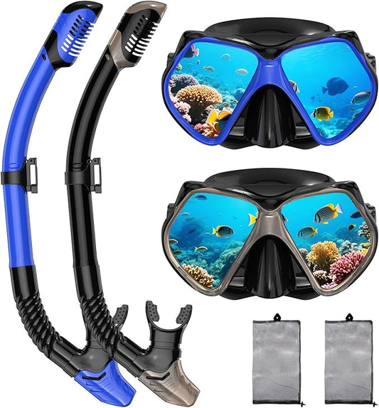 2 Pack Snorkeling Gear for Adults, Dry Snorkel, Mask Set Adult, Diving Scuba Mask, Scuba Gear, Swimming Goggles with Nose Cover, Swim Freediving Tempered Glass Panoramic View Travel Packages