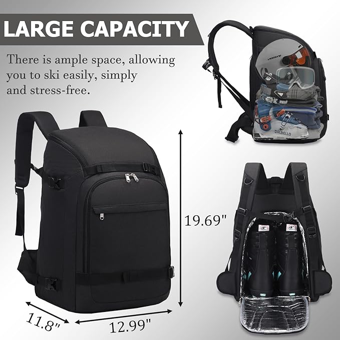 JIANYA Ski Boot Bag, 50L Waterproof Travel Backpack for Snowboard, Ski Helmet, Goggles, Gloves & Accessories, Black