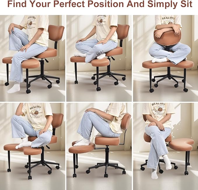 Meditation Chair Cross Legged ADHD Office Chair for Adults with Wheels Ergonomic Back Support and Leg Rest for Multi Position Criss Cross Sitting Kneeling and Yoga Height Adjustable, Leather Style