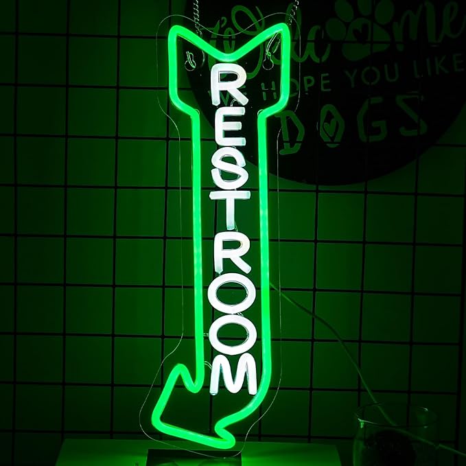 Restroom Neon Sign for Wall Decor Toilet Neon Light Arrow Led Neon Lights White Green Led Neon Signs for Hotel Bar Hospital Mall Store Office Decoration(16.9”*6.3”)
