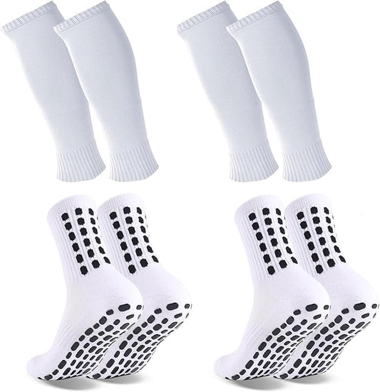 2 Set Grip Soccer Socks and Shin Guard Sleeves Non Slip Soccer Sleeve Socks for Men Women