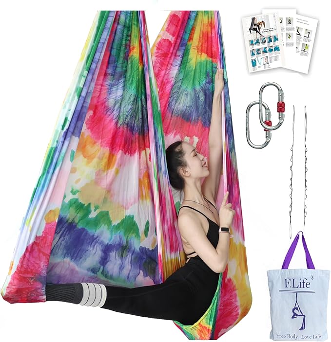 F.Life Aerial Yoga Hammock kit- Yoga Swing Multicolor 5 yards-Flying Yoga Include Daisy Chain,Carabiner and Pose Guide
