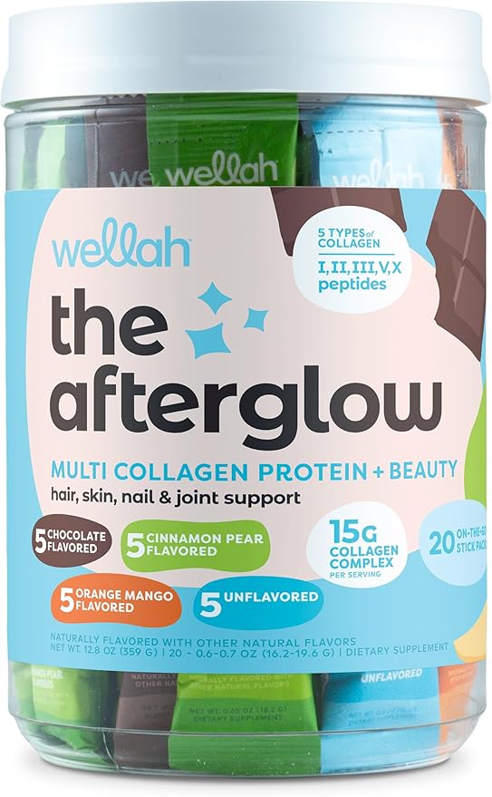 Wellah The Afterglow Multi Collagen Protein + Beauty (Variety Pack) 20 Stickpacks - 15G Collagen Complex Per Serving
