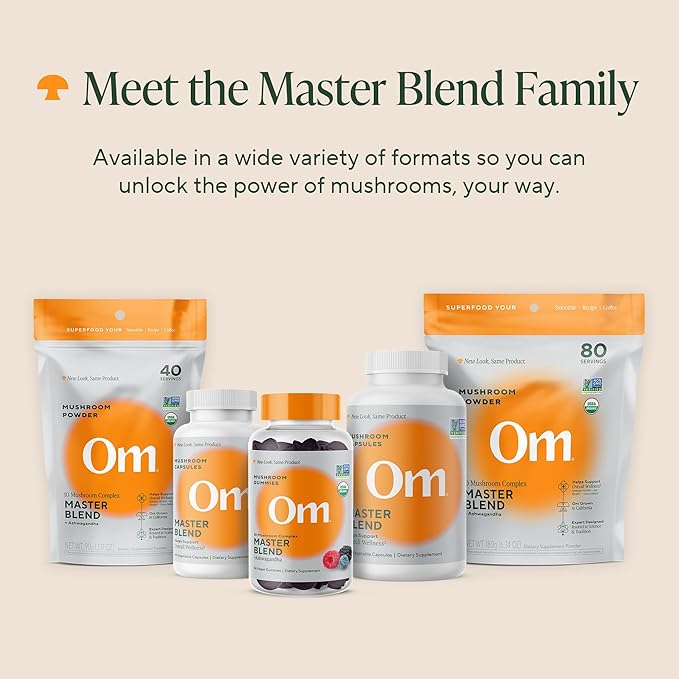 Om Master Blend Mushroom Gummies - Organic Mushroom Supplement with 10 Mushrooms and Ashwagandha – Support Immunity, Gut Health & Stress Relief, 56 Count (28 Servings), Mixed Berry Flavor