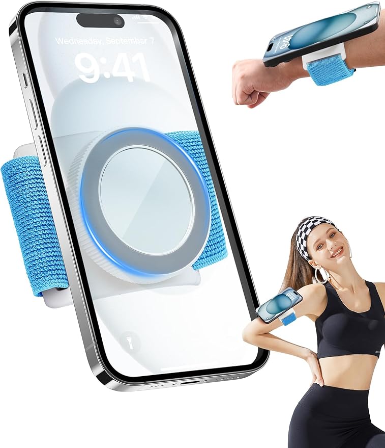TOPGO Magnetic Running Phone Holder for iPhone, HD Mirror & Extendable Anti-Drop Rope for Gym/Yoga, 360° Rotatable Wrist Phone Holder, Fits iPhone 16 Pro & Android (Blue, 2 Straps)
