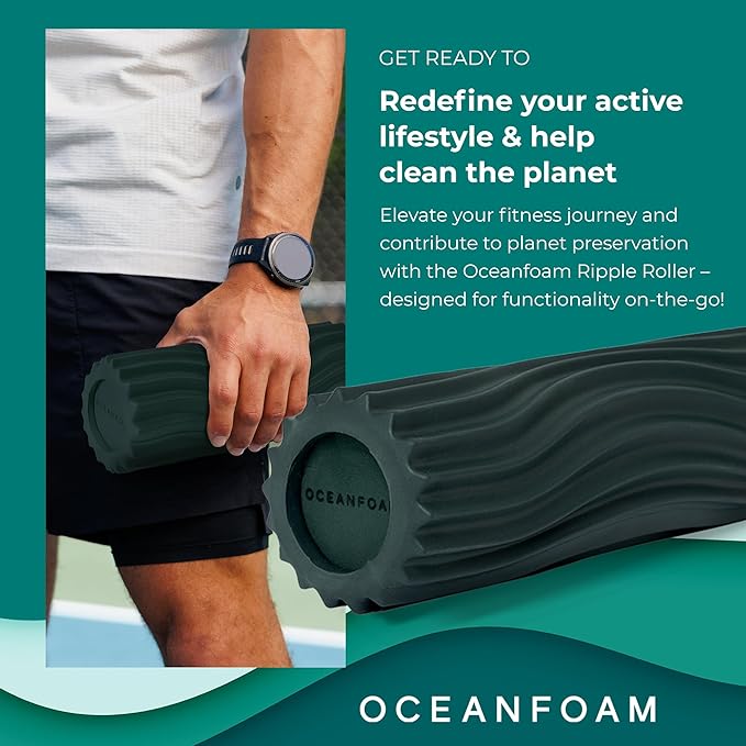 Oceanfoam Ripple Travel Foam Roller (11" x 3.35") Firm Mini Foam Roller for Physical Therapy, Deep Tissue Massage, Back Pain - High Density, Ergonomic Wave Textured - Yoga, Pilates, Exercise (Hunter)