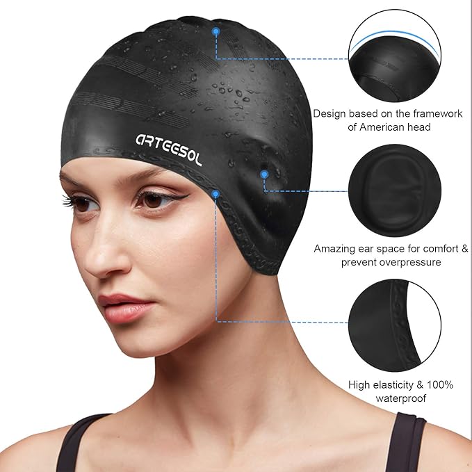 Swimming Cap, Silicone Swim Cap for Women Men, Durable Non-Slip Waterproof Swim Cap Protect Ears, Long Hair for Adults, Older Kids