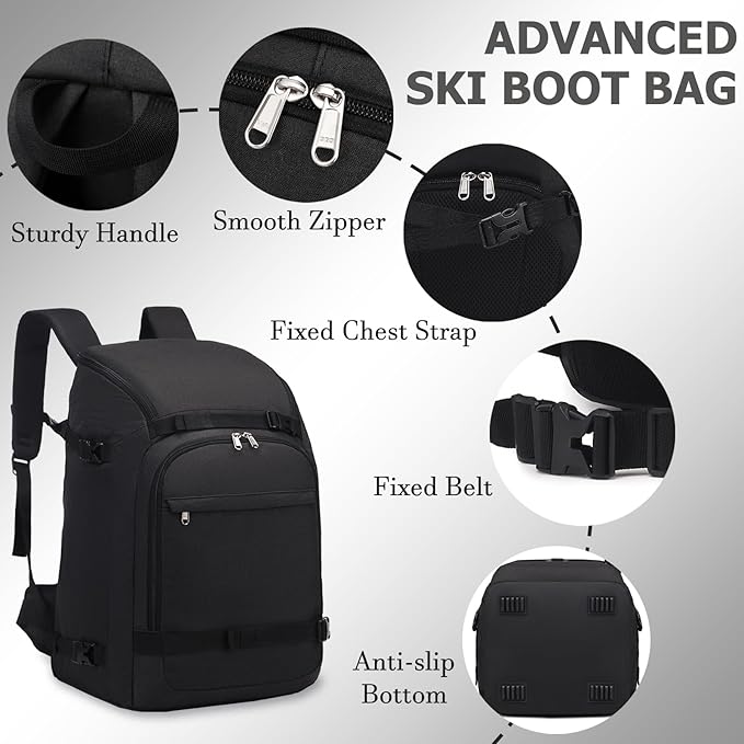 JIANYA Ski Boot Bag, 50L Waterproof Travel Backpack for Snowboard, Ski Helmet, Goggles, Gloves & Accessories, Gray