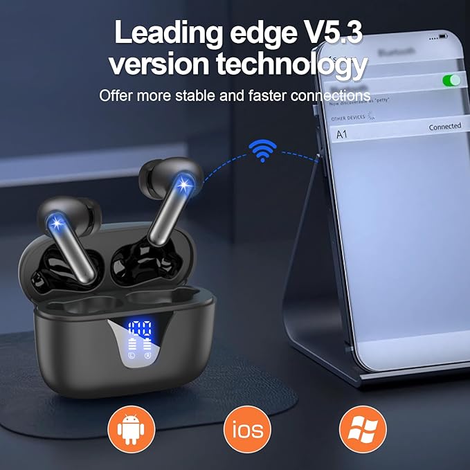 ZIUTY Wireless Earbuds Bluetooth Headphones, 50H Playtime Ear Buds with Mic, LED Digital Display Charging Case, IPX7 Waterproof, Deep Bass Stereo, in-Ear Earphone for iPhone Andriod Phone