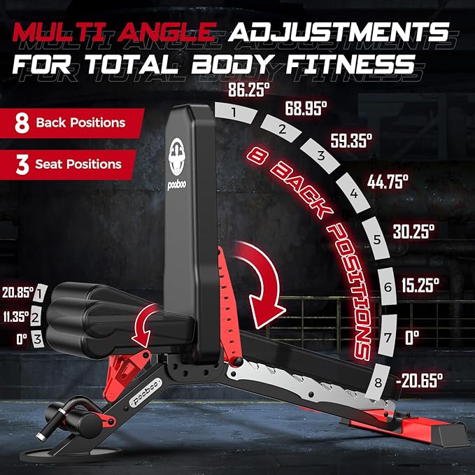 Pooboo Weight Bench, Adjustable Workout Bench for Home, 1500LBS Weight Capacity Heavy Duty Strength Training Bench, Flat/Incline/Decline Positions for Full Body Workout