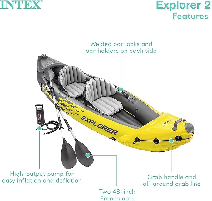 Intex 68307EP Explorer K2 Inflatable Kayak Set: Includes Deluxe 86in Aluminum Oars and High-Output Pump – SuperStrong PVC – Adjustable Seats with Backrest – 2-Person – 400lb Weight Capacity