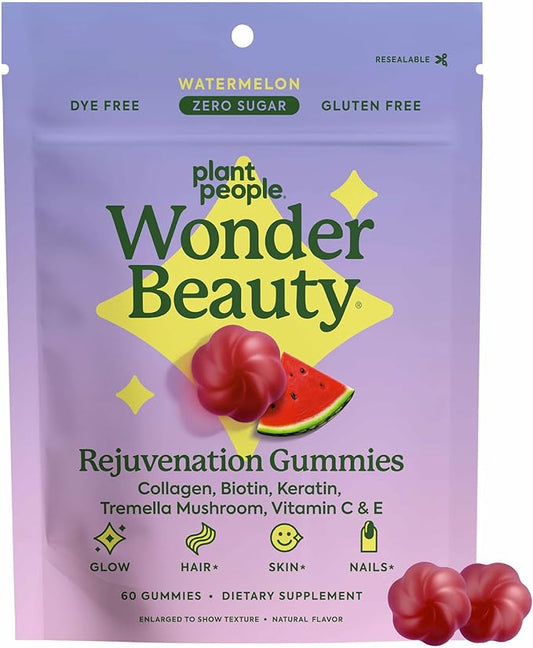 Plant People WonderBeauty Hair, Skin & Nails Rejuvenation Gummies with Tremella Mushroom, Marine Collagen Peptides, Keratin, & Biotin – Watermelon Flavor, 60 Gummies