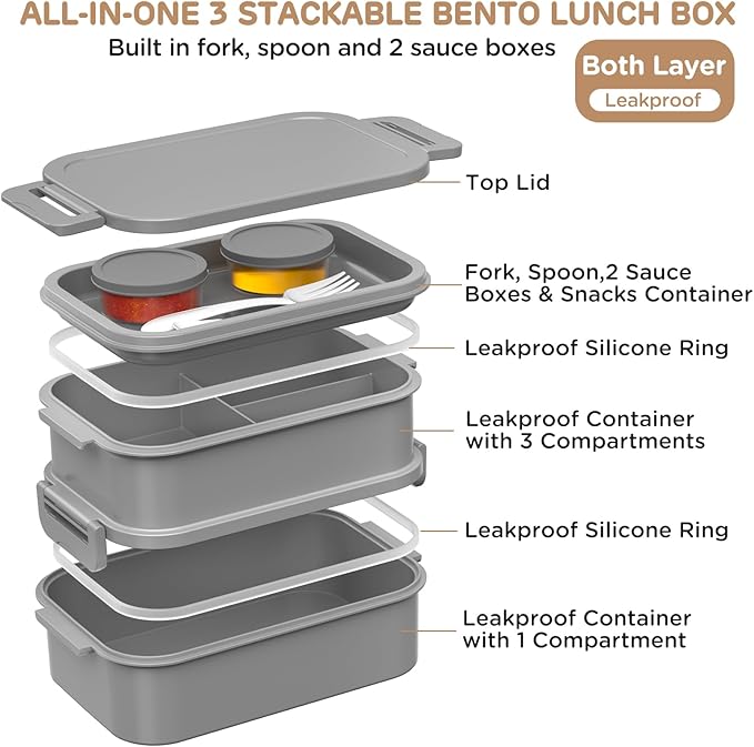 DaCool Adults Lunchbox Bento Box - 74 OZ All-in-One Stackable Lunch Box for Adults Men Women Teens Leakproof Bento Large Lunch Box Containers with Fork Spoon Sauce Box for Dining Out Work School,Grey