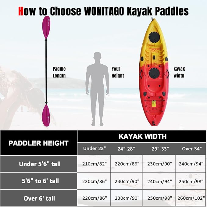 Kayak Paddle with Aluminum Shaft and Reinforced PP Blade, Floating Kayak Oar for Kayaking Canoeing and Boating, 220 cm/86 inches - 230 cm/90 inches