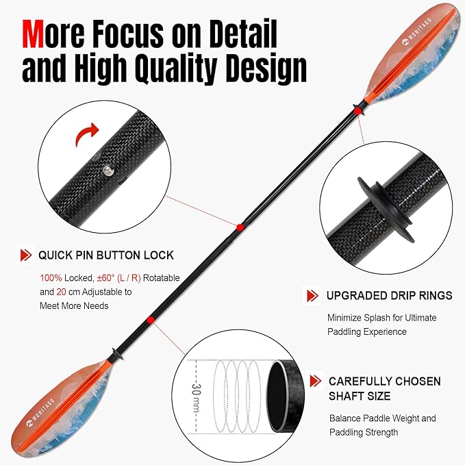 Kayak Paddle Premium Carbon Fiber Paddle with Reinforced PP + Fiberglass Blade, Floating Adjustable Kayaking Oars, 3 Piece, 220-240 cm/86-94 Inches, 240-260 cm/94-102 Inches