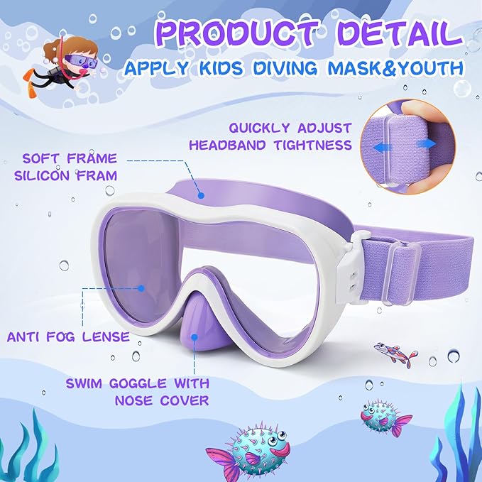 Kids Swim Goggles with Nose Cover, Anti-Leak Swim Mask with Elastic Fabric Strap, UV Protection Swimming Goggles for Kids