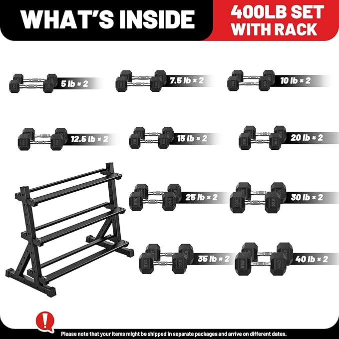 PAPABABE Hex Dumbbell Set with Rack, Rubber Encased Free Weight with Weight Storage Racks, Multiple Weight Options for Home Gym and Fitness