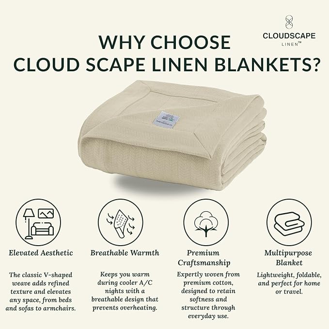 Cloud Scape Linen 100% Cotton Queen Size Blanket, Herringbone Pattern, Lightweight Summer Blanket,Best Gifts for Women, fits Full Size Bed, 92 x 92, Beige Fog