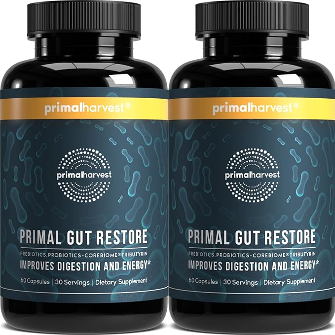 Primal Harvest 2 Pack, Restore for Gut Health, Primal Gut Restore w/POSTbiotics, PREbiotics and PRObiotics for Women and Men, 60 CT - Digestion, Colon Cleanse, Helps Leaky Gut Repair