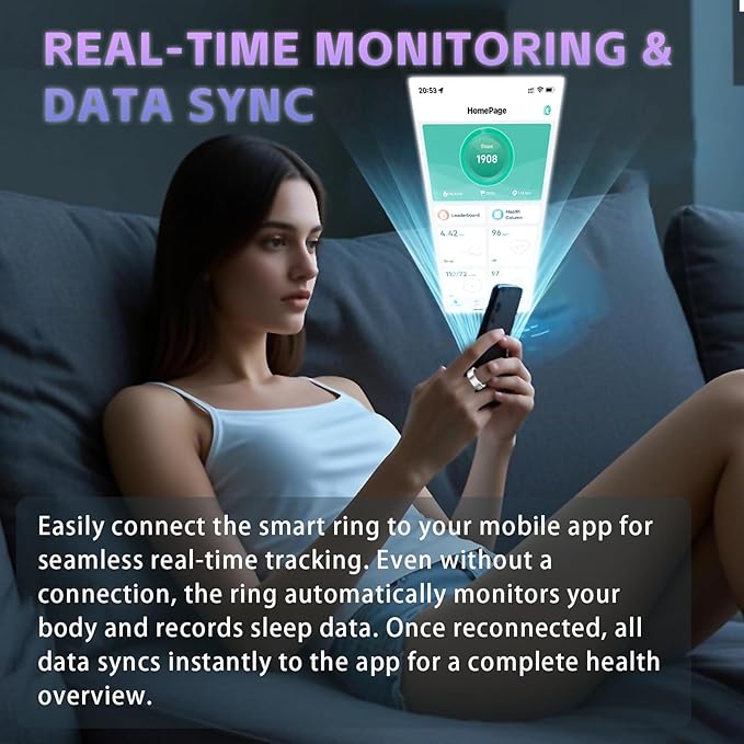Smart Ring Health Tracker, Fitness Tracker Ring for Women Men, Monitoring of Pedometer, SpO2, Sleep Quality, Heart Rate, No Subscription Fee, Sport Rings for iOS & Android (Silver, 7)