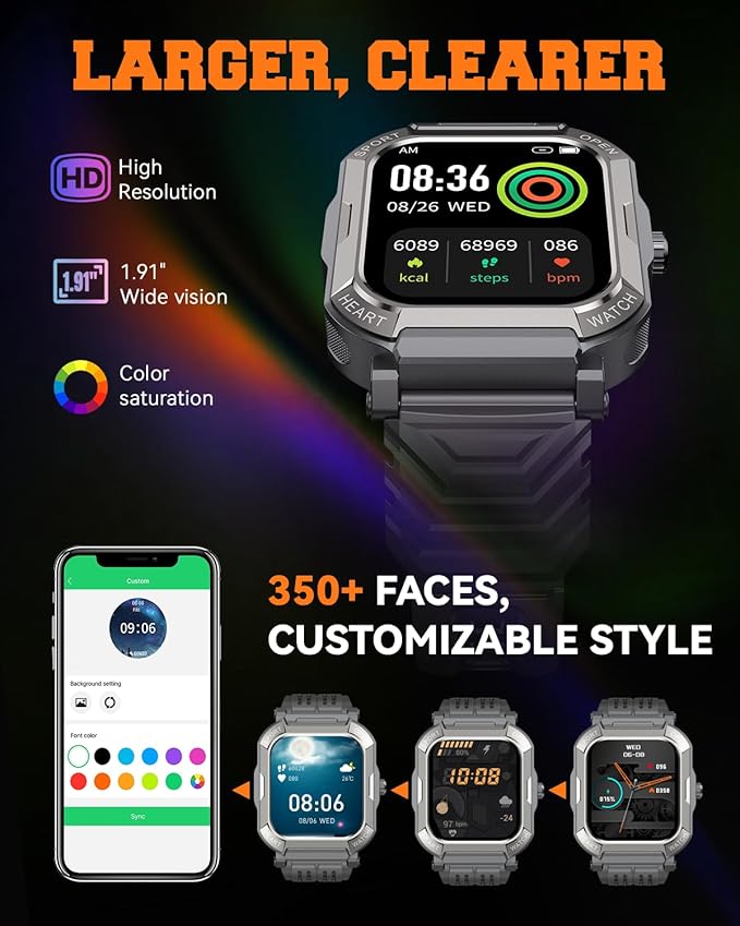 Military Smart Watches for Men (Answer/Make Calls),1.91'' Fitness Smart Watch for Android and iPhone,IP68 Waterproof Fitness Tracker with Step Counter/Sleep Monitor/110+ Sport Modes,Smartwatch for Men