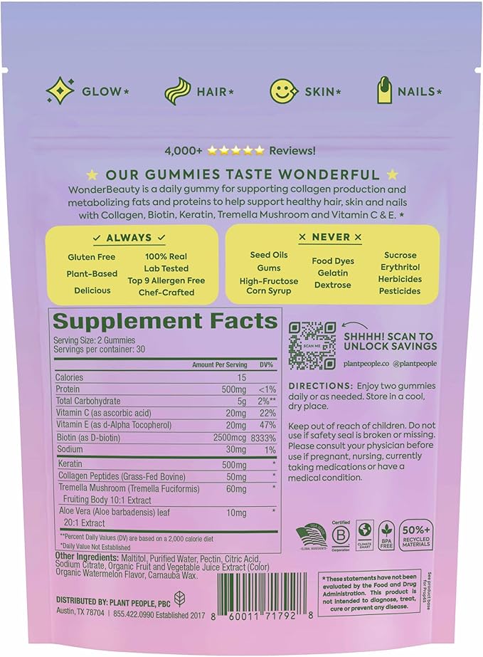 Plant People WonderBeauty Hair, Skin & Nails Rejuvenation Gummies with Tremella Mushroom, Marine Collagen Peptides, Keratin, & Biotin – Watermelon Flavor, 60 Gummies