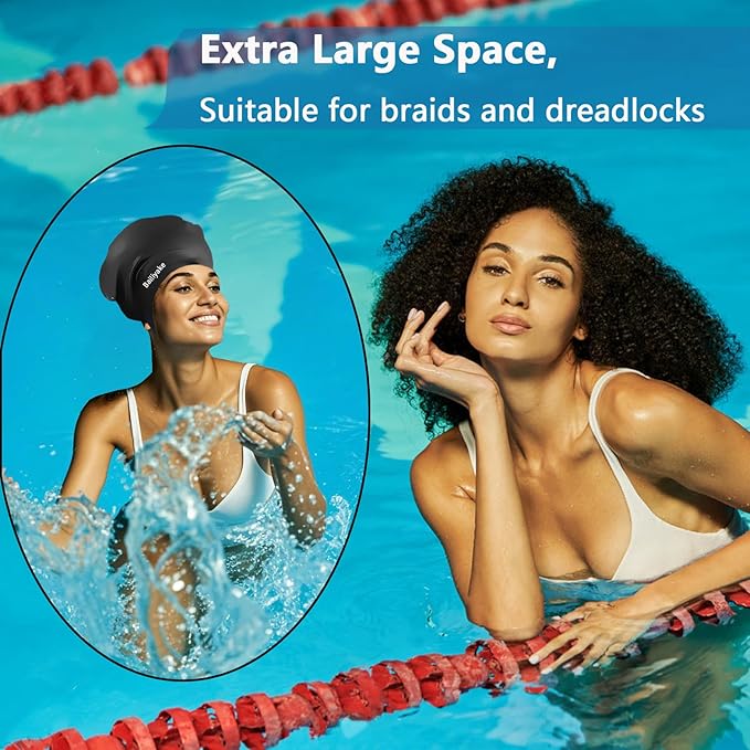 3 Pack Extra Large Swim Cap for Braids & Dreadlocks - Waterproof Silicone Swim Hat for Women with Long Thick Hair, Protective Swim Cap Cover Ears for Swimming, Shower, Bathing